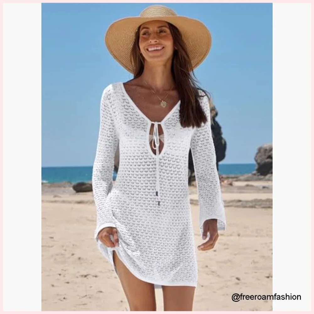 Crochet Mesh Knit Swimsuit Cover Up Dress V Neck Long Sleeve Beach